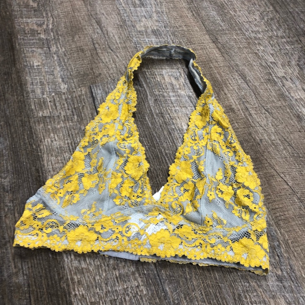 Forever 21 Unlined Halter Neck Lace Bralette Gray and Yellow Small